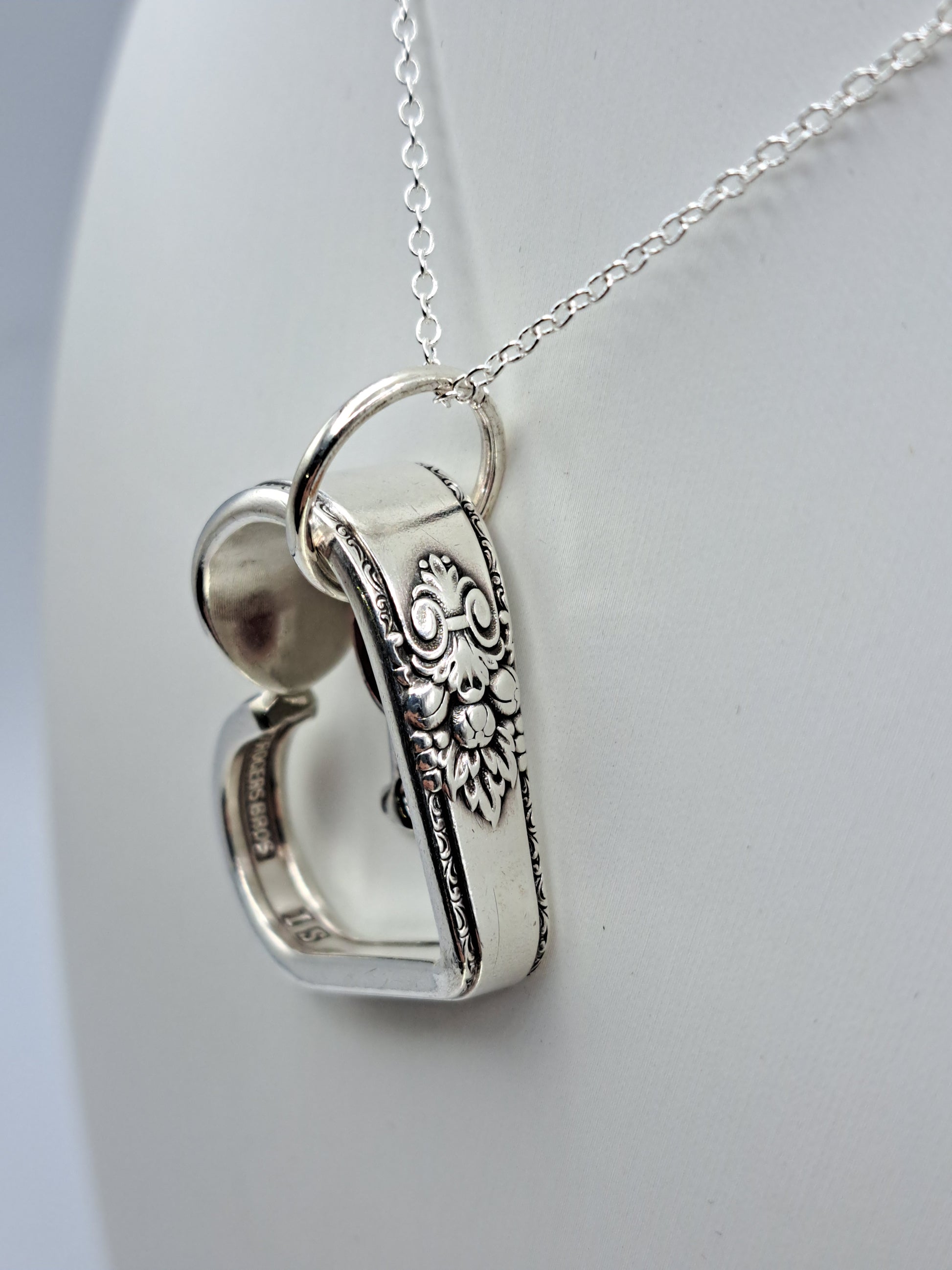 Handmade vintage silverware heart necklace made from Adoration 1930 silverplate pattern with red wine glass charm