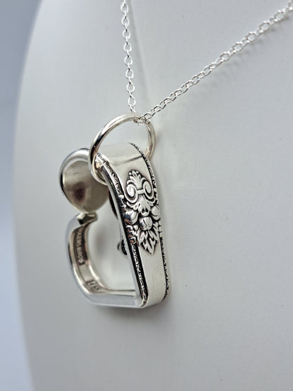 Handmade vintage silverware heart necklace made from Adoration 1930 silverplate pattern with red wine glass charm