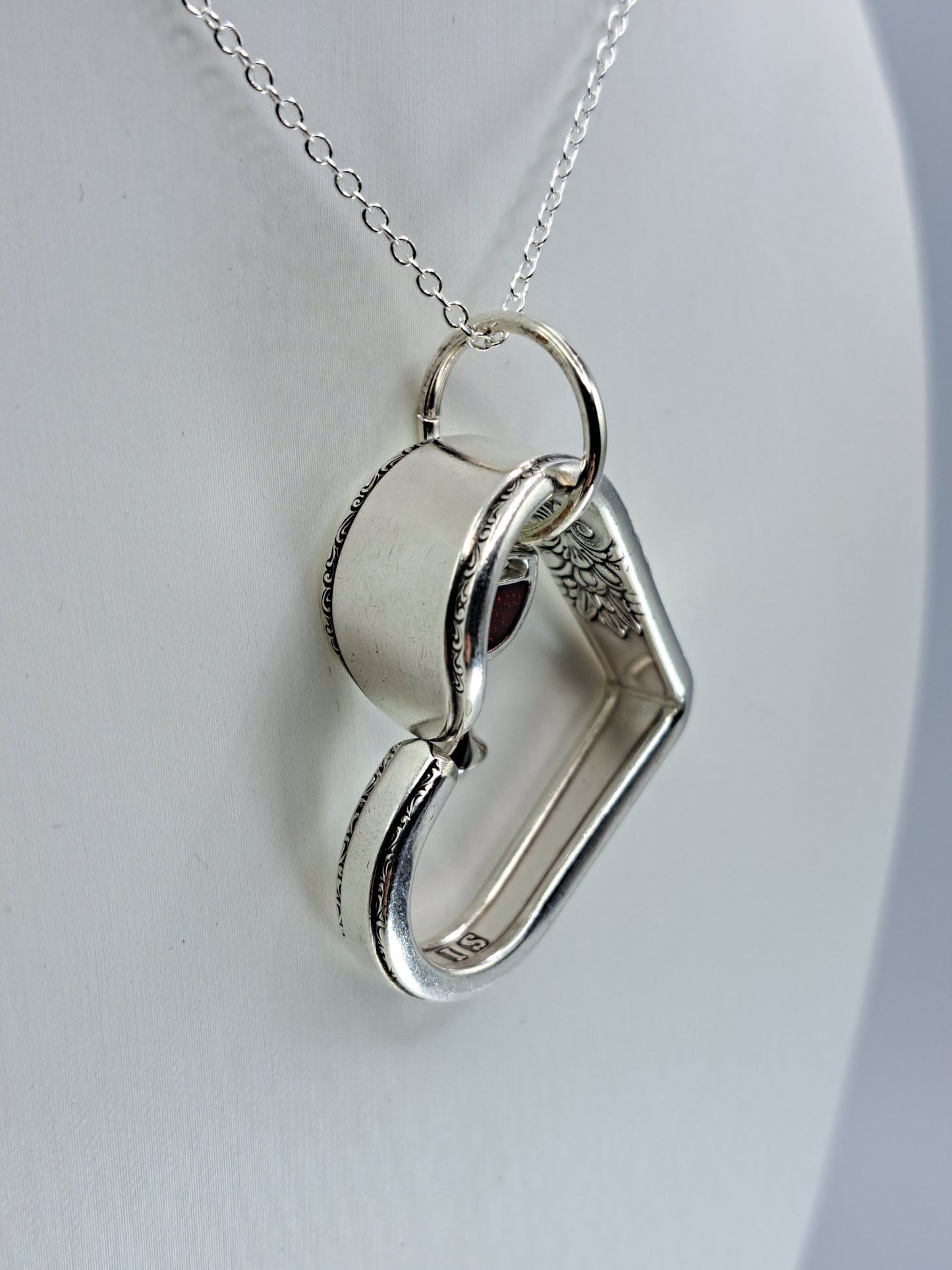 Handmade vintage silverware heart necklace made from Adoration 1930 silverplate pattern with red wine glass charm