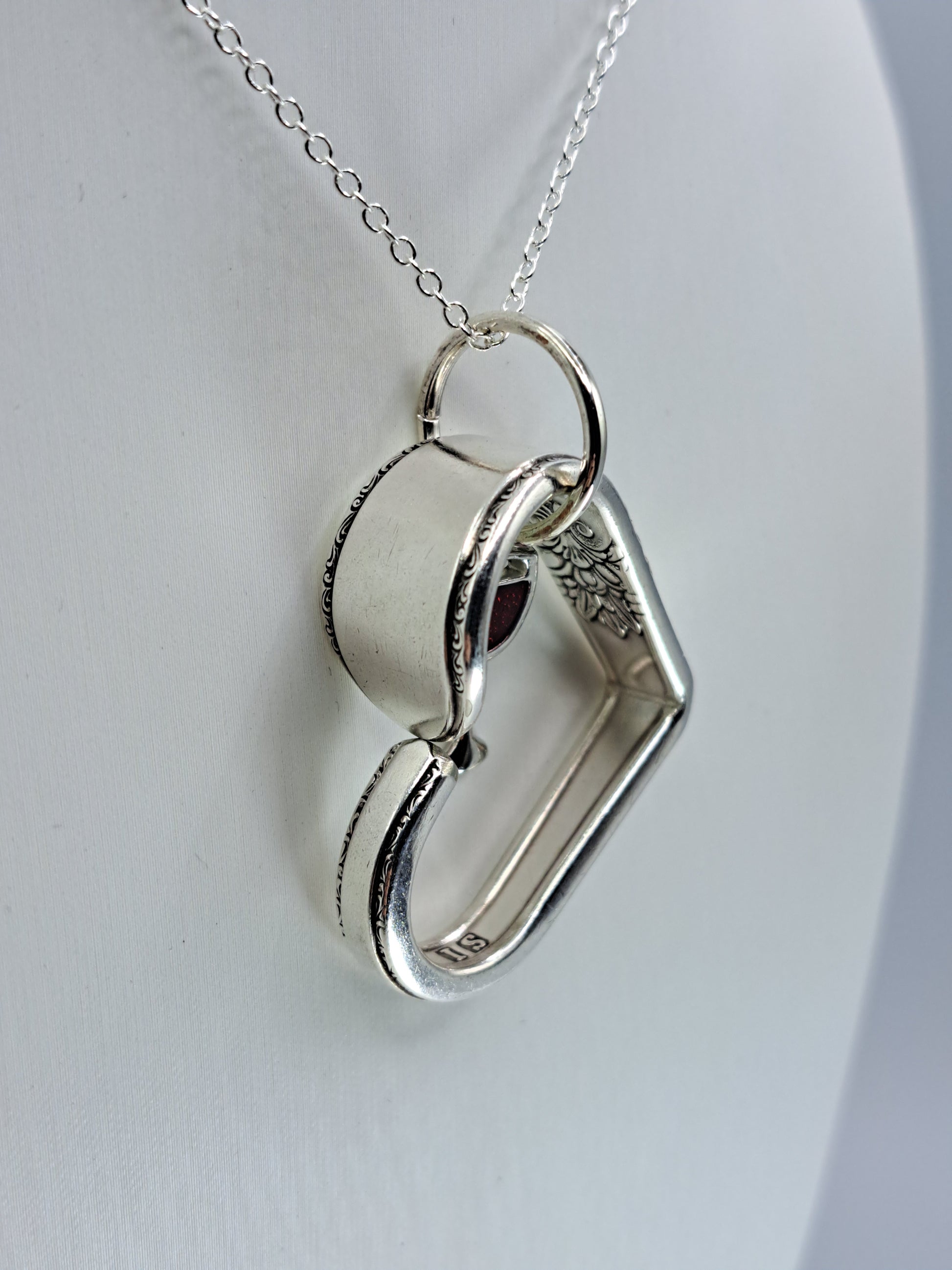 Handmade vintage silverware heart necklace made from Adoration 1930 silverplate pattern with red wine glass charm