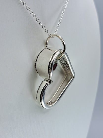 Handmade vintage silverware heart necklace made from Adoration 1930 silverplate pattern with red wine glass charm