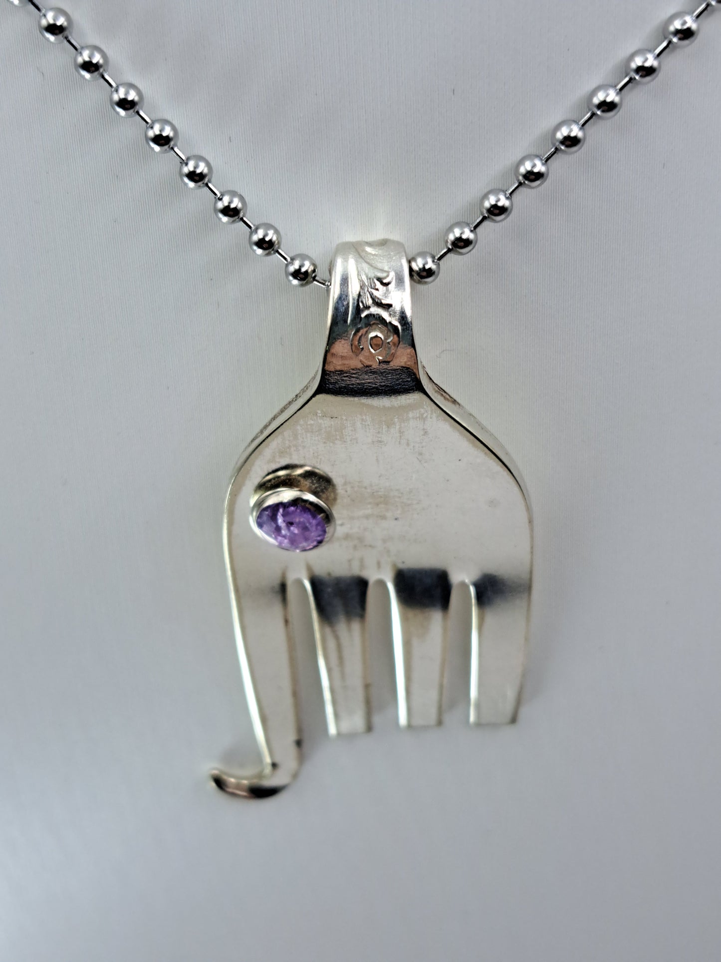 Handmade vintage silverware elephant necklace made a fork end with purple crystal eye