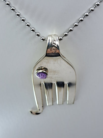 Handmade vintage silverware elephant necklace made a fork end with purple crystal eye