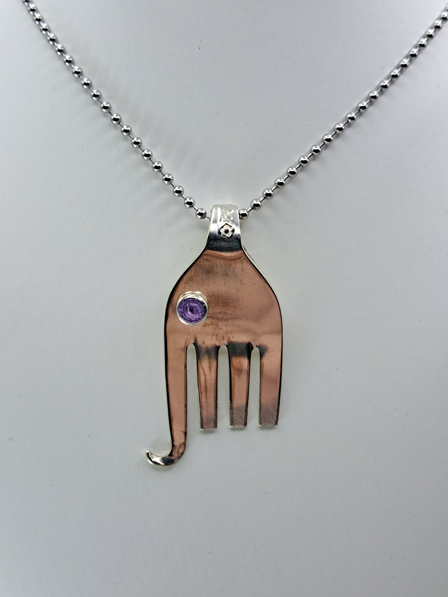 Handmade vintage silverware elephant necklace made a fork end with purple crystal eye