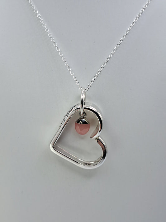 Adoration 1930, Floating Heart Pendant, Vintage Silverware Necklace, Rose Quartz charm