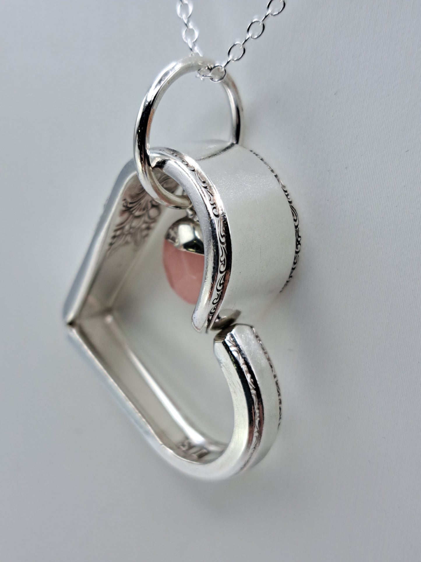 Adoration 1930, Floating Heart Pendant, Vintage Silverware Necklace, Rose Quartz charm
