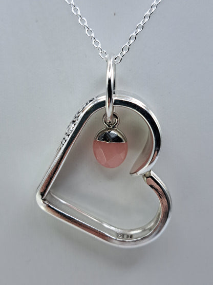 Adoration 1930, Floating Heart Pendant, Vintage Silverware Necklace, Rose Quartz charm