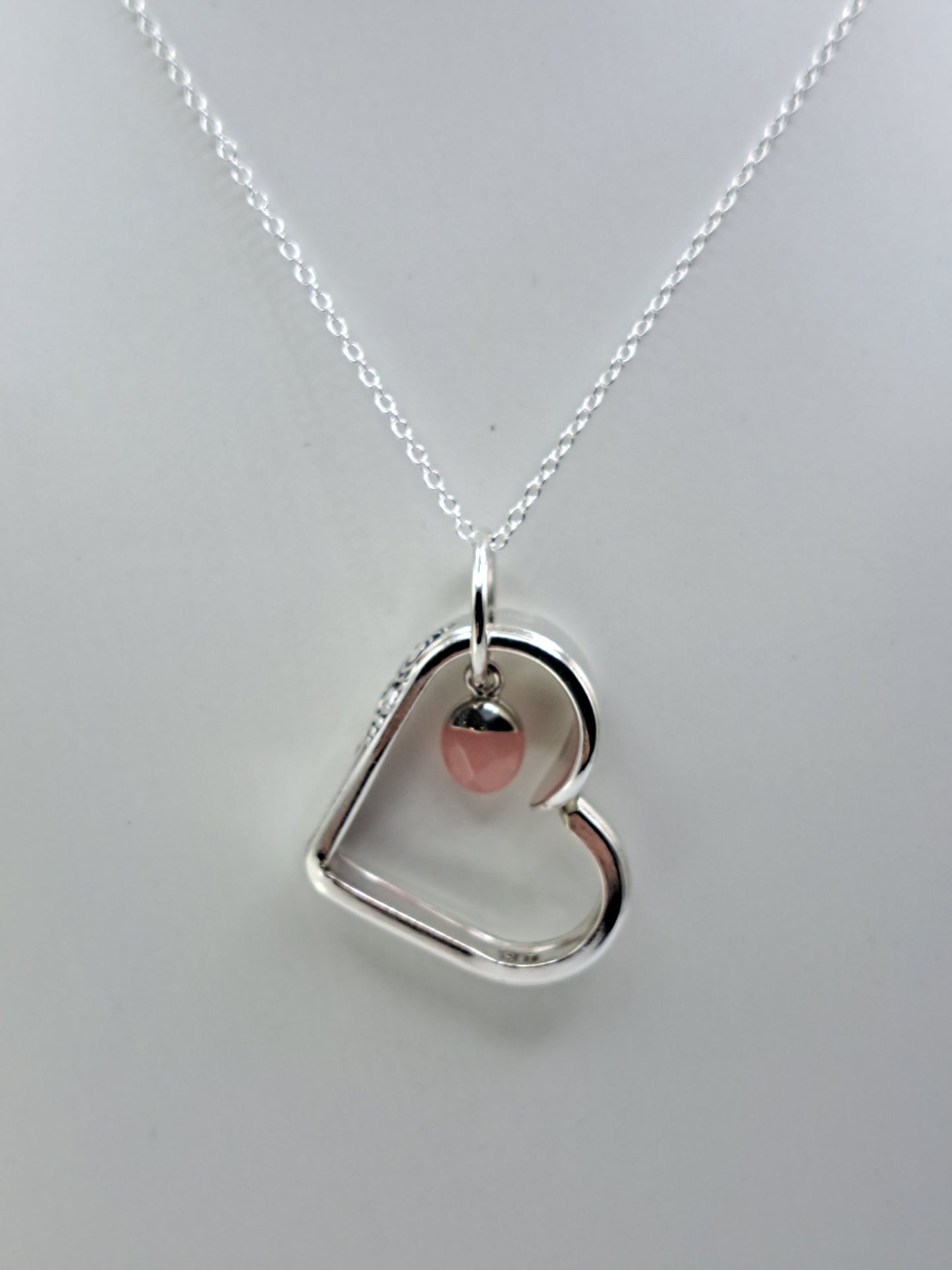 Adoration 1930, Floating Heart Pendant, Vintage Silverware Necklace, Rose Quartz charm