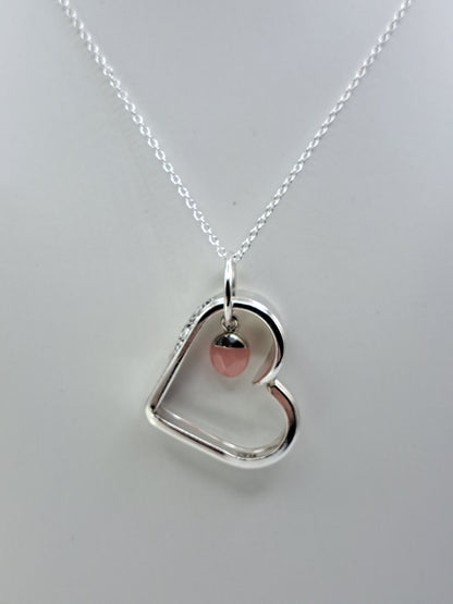 Adoration 1930, Floating Heart Pendant, Vintage Silverware Necklace, Rose Quartz charm