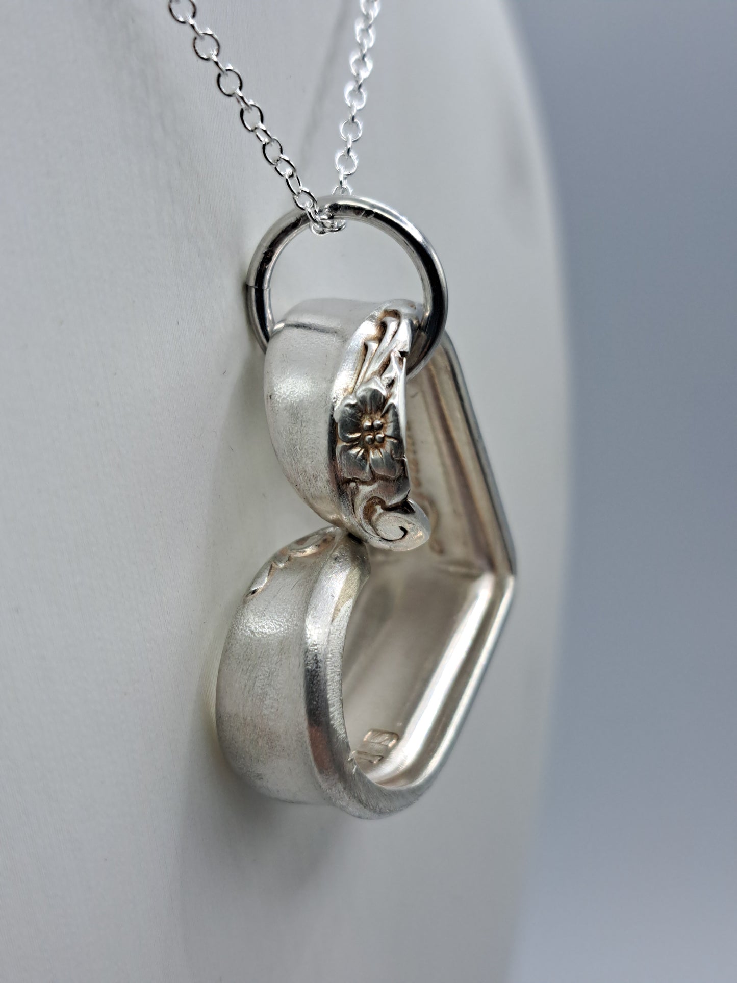 Handmade vintage silverware heart necklace made from Leilani 1961 silverplate pattern