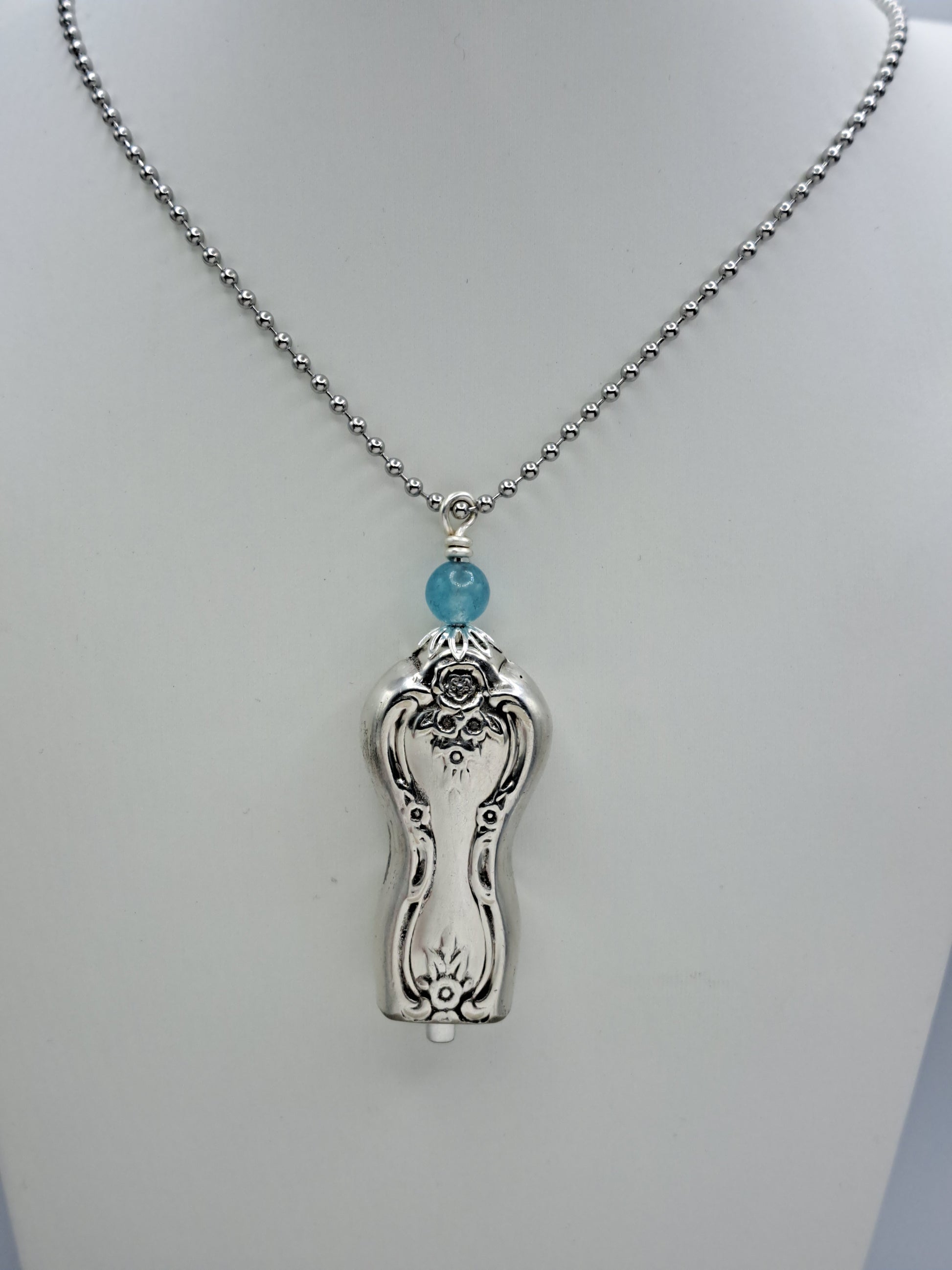 Handmade vintage silverware necklace made from Inspiration-Magnolia 1951 silverplate shaped like a bell with fork tine ringer