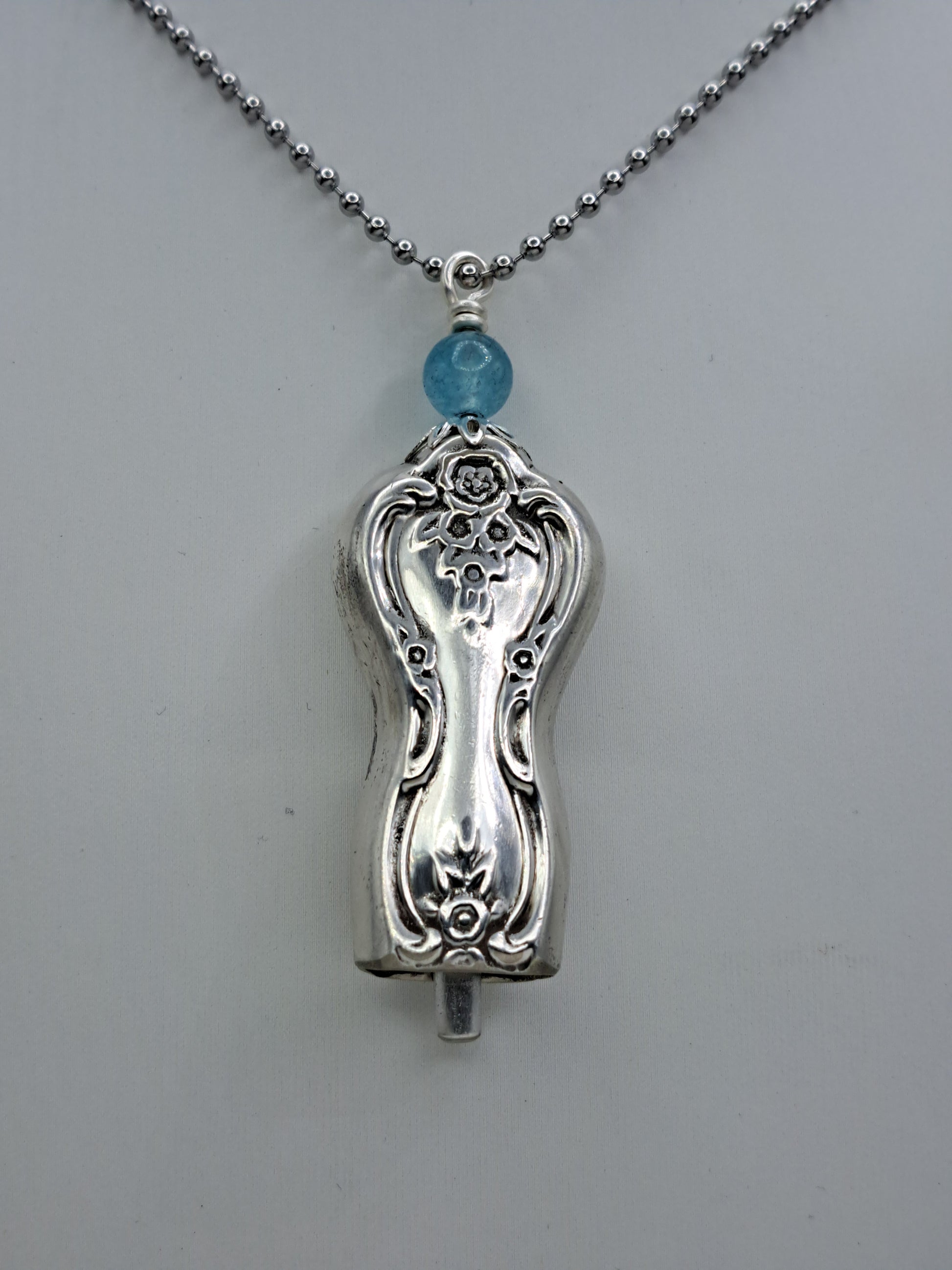 Handmade vintage silverware necklace made from Inspiration-Magnolia 1951 silverplate shaped like a bell with fork tine ringer