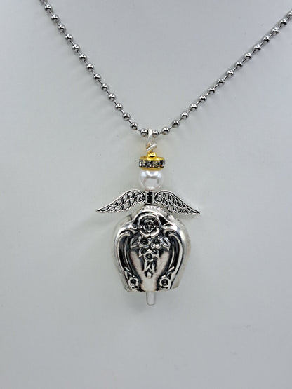 Handmade vintage silverware necklace made from Inspiration-Magnolia 1951 silverplate into an angel bell with yellow halo