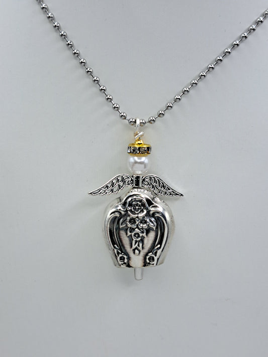 Inspiration-Magnolia 1951, Angel Bell Pendant, Yellow Halo, Vintage Silverware Necklace