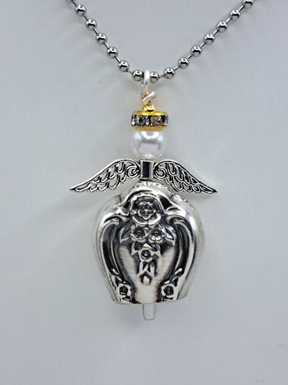 Handmade vintage silverware necklace made from Inspiration-Magnolia 1951 silverplate into an angel bell with yellow halo