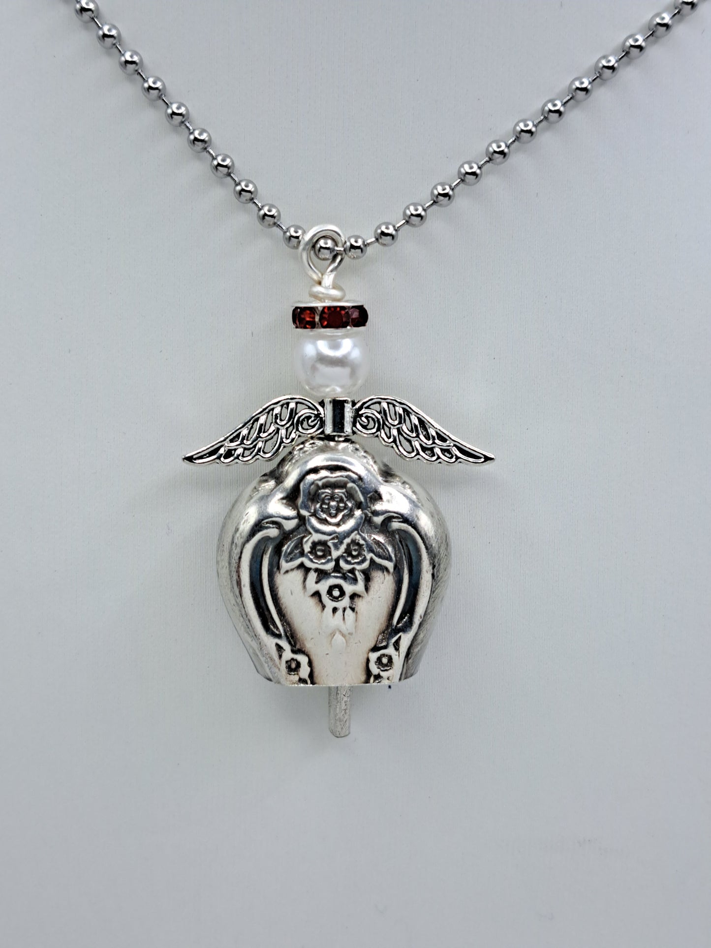 Inspiration-Magnolia 1951, Angel Bell Pendant, Red Halo, Vintage Silverware Necklace