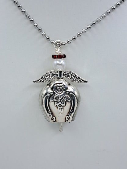 Inspiration-Magnolia 1951, Angel Bell Pendant, Red Halo, Vintage Silverware Necklace