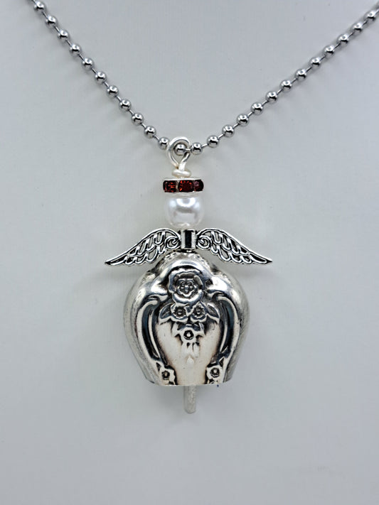 Inspiration-Magnolia 1951, Angel Bell Pendant, Red Halo, Vintage Silverware Necklace