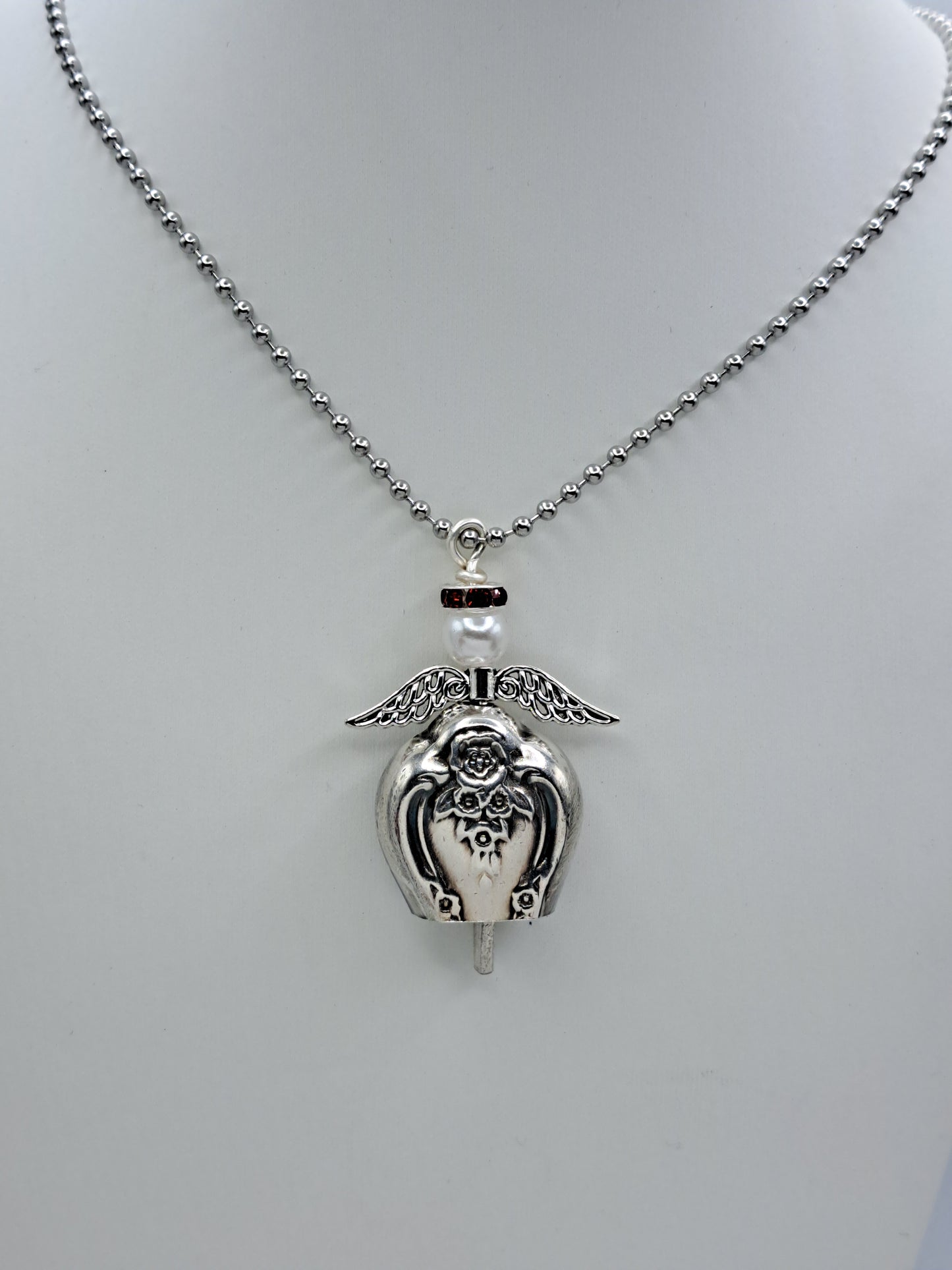 Inspiration-Magnolia 1951, Angel Bell Pendant, Red Halo, Vintage Silverware Necklace