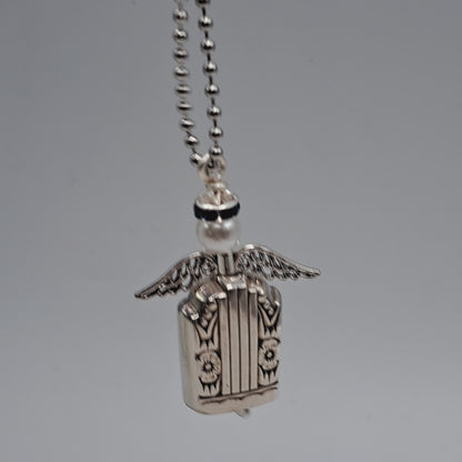 Harmony 1938, Angel Bell Pendant, Blue Halo, Vintage Silverware Necklace