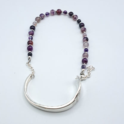 Handmade vintage silverware bracelet made from First Love 1937 silverplated handles with purple marble agate gemstone beads