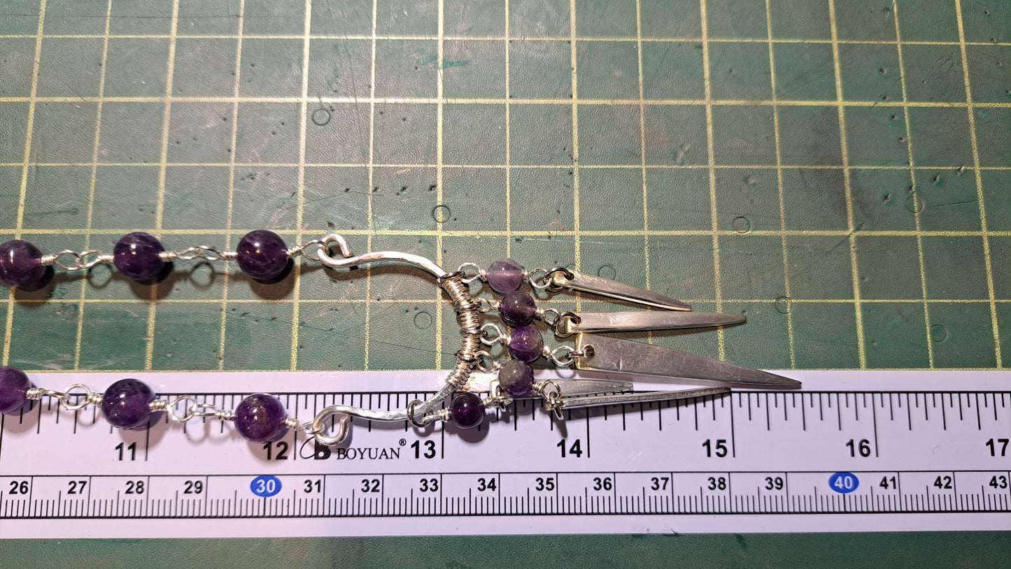 Handmade amethyst bead necklace with fork tine focal pendant