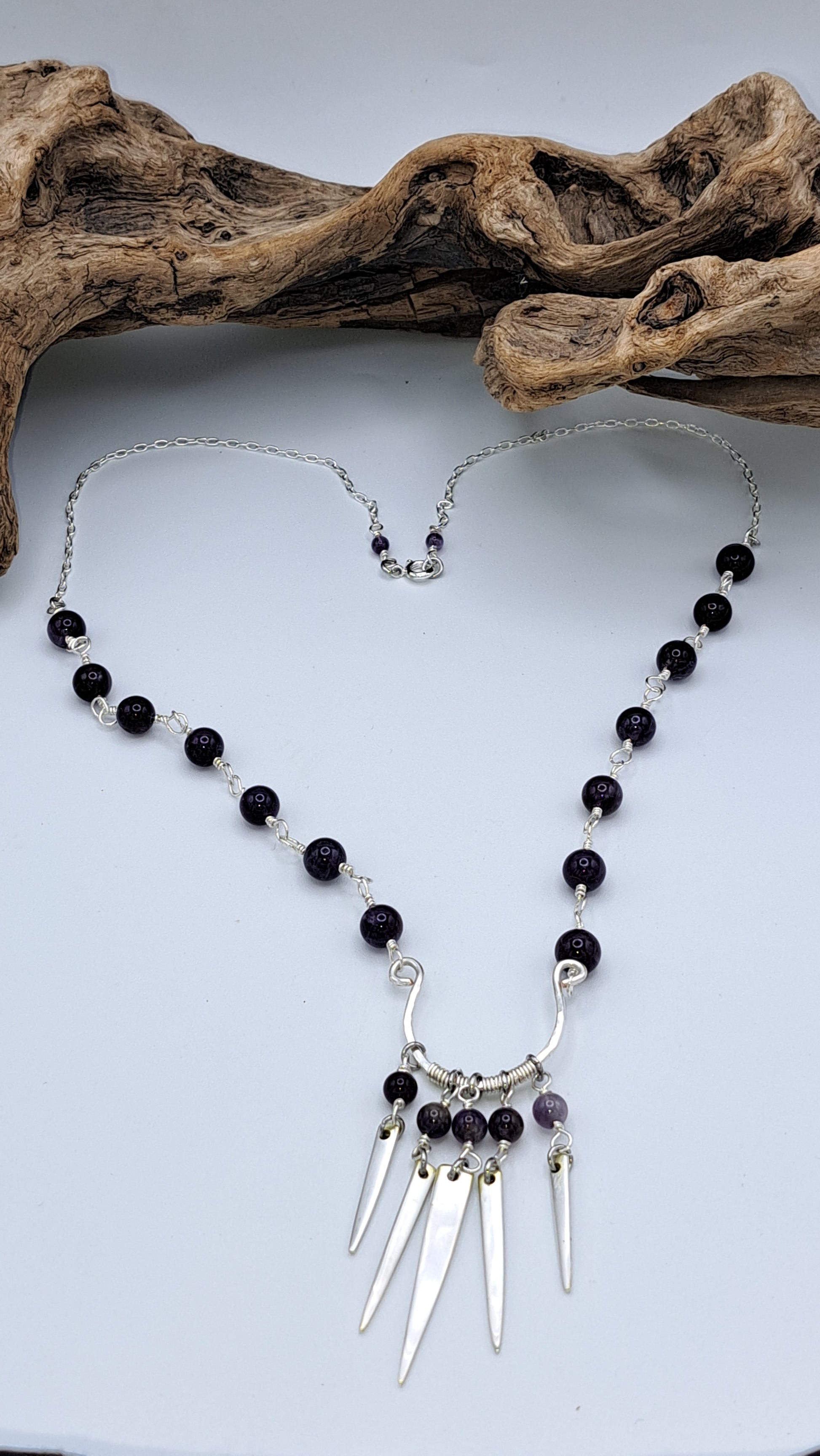 Handmade amethyst bead necklace with fork tine focal pendant