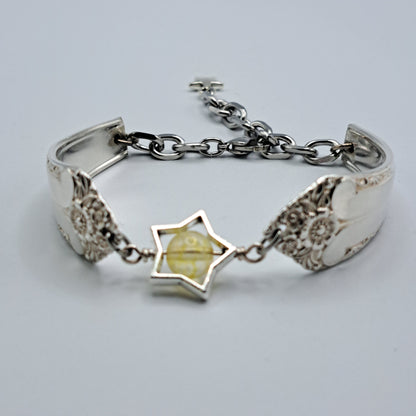 Handmade vintage silverware bracelet made from Starlight 1950 pattern silverplated handles with citrine gemstone center