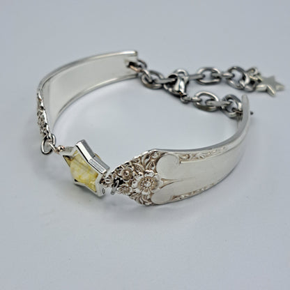 Handmade vintage silverware bracelet made from Starlight 1950 pattern silverplated handles with citrine gemstone center