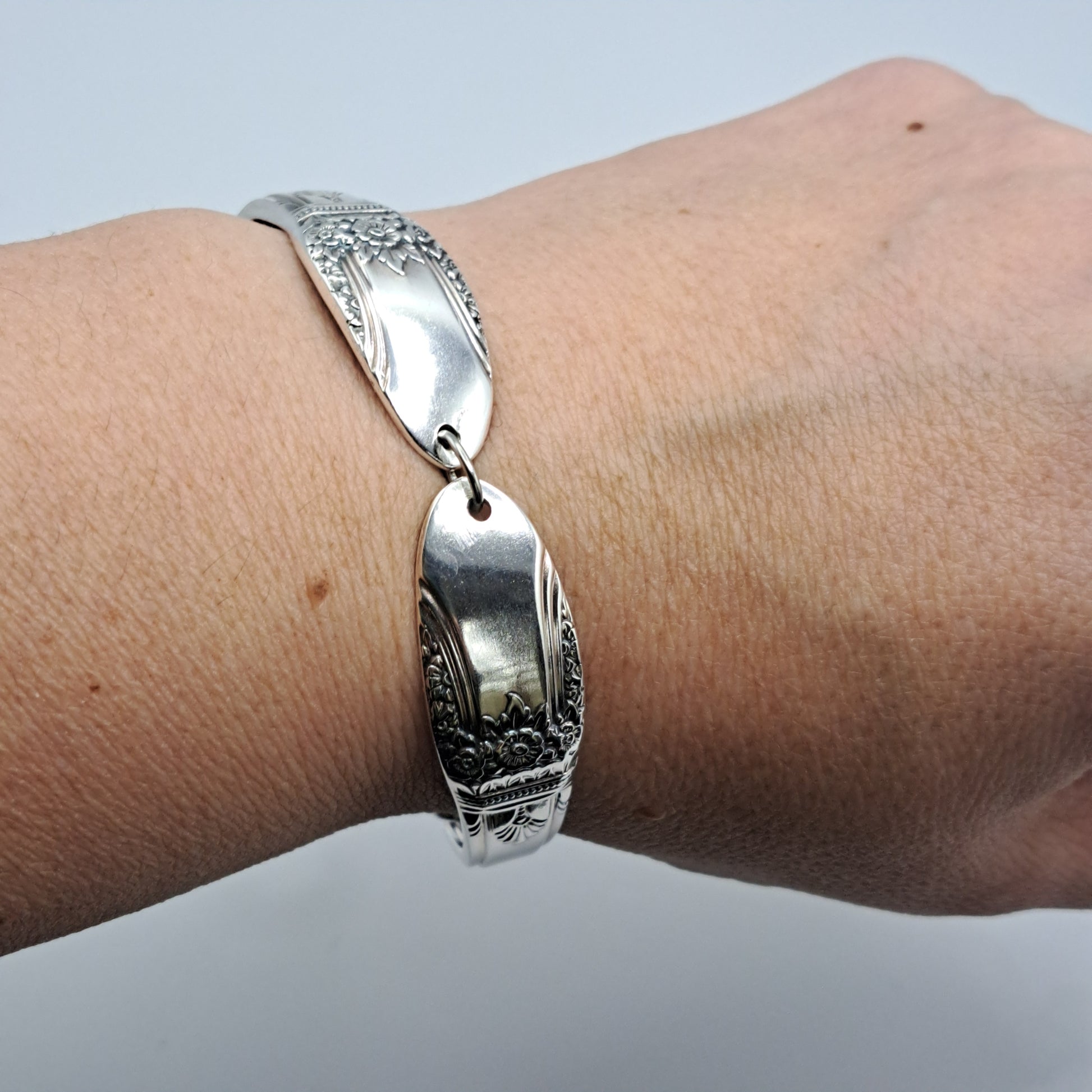 Handmade vintage silverware bracelet made from First Love 1937 pattern silverplated handles
