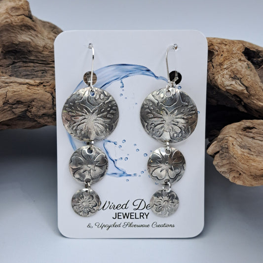 Handmade vintage silverware earrings made from silver-plated flattened spoon bowls