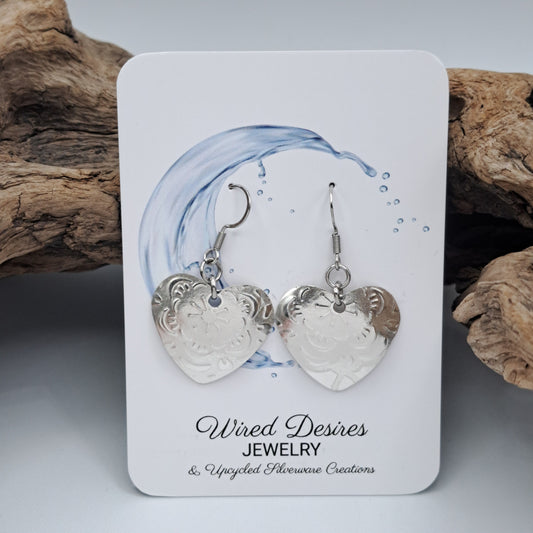 Handmade vintage silverware earrings made from silver-plated flattened spoon bowls