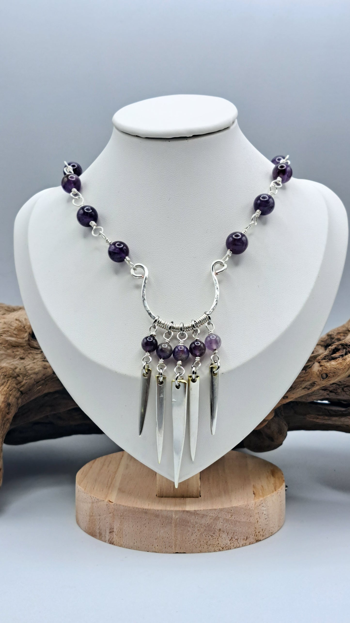 Handmade amethyst bead necklace with fork tine focal pendant
