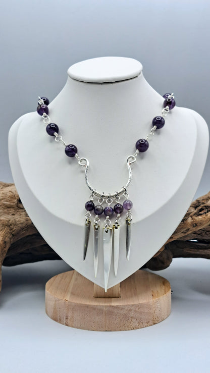 Handmade amethyst bead necklace with fork tine focal pendant