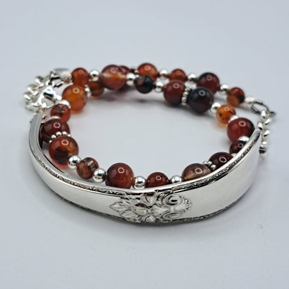 Handmade vintage silverware bracelet made from Adoration 1939 pattern silverplated handles with fire agate gemstone beads