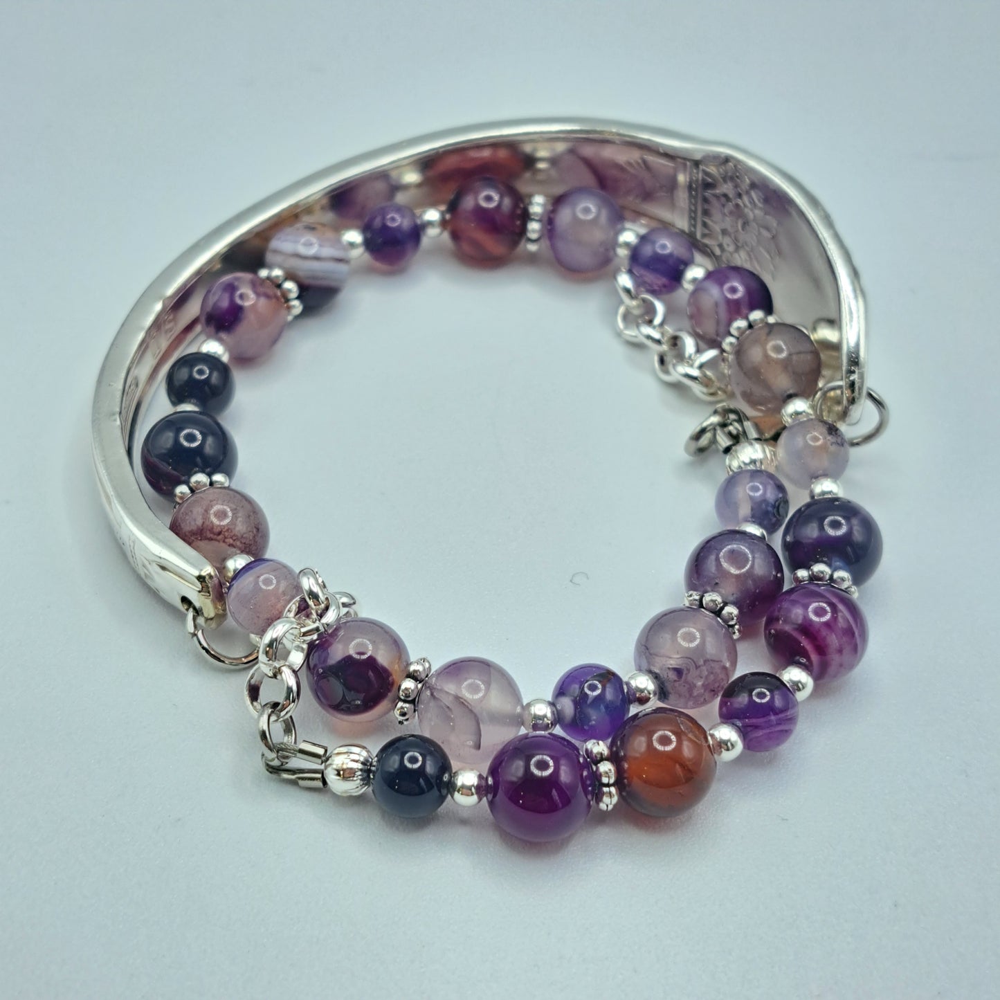 Handmade vintage silverware bracelet made from First Love 1937 silverplated handles with purple marble agate gemstone beads