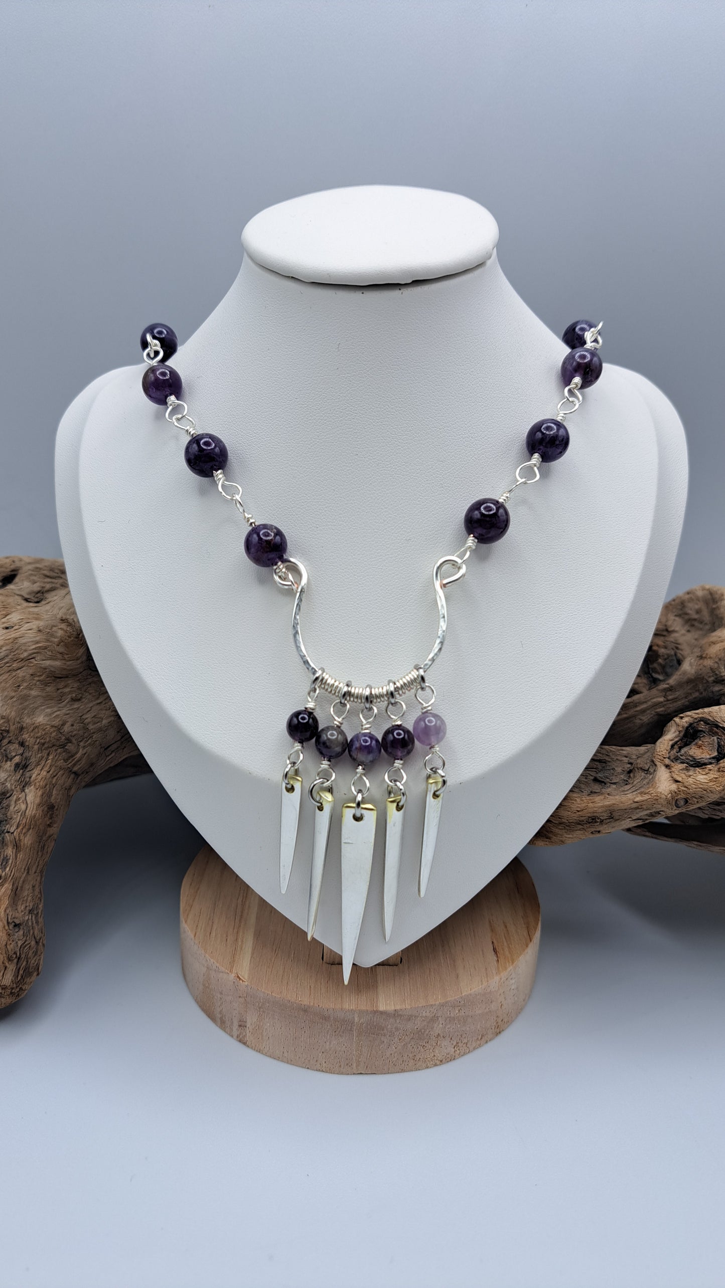 Handmade amethyst bead necklace with fork tine focal pendant