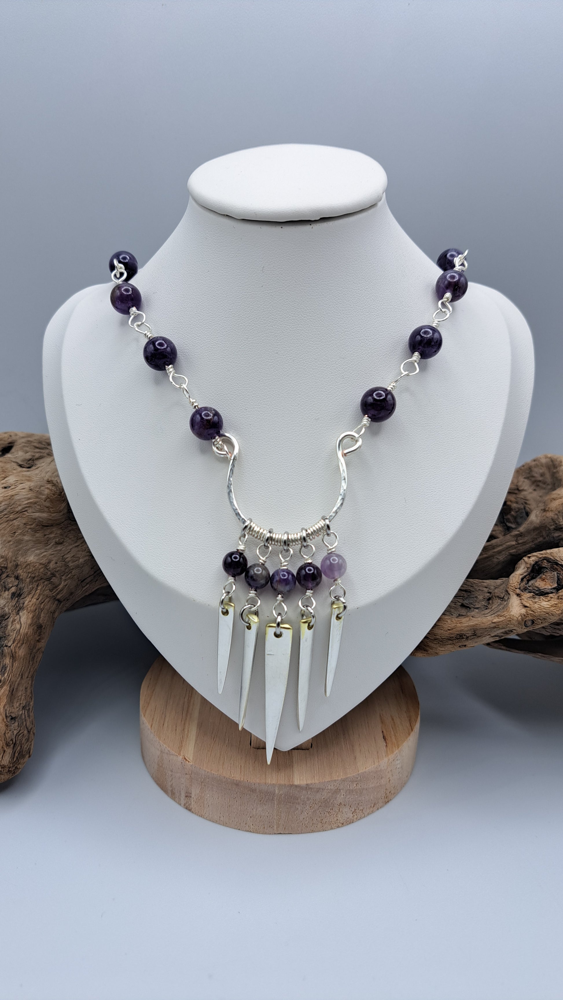 Handmade amethyst bead necklace with fork tine focal pendant
