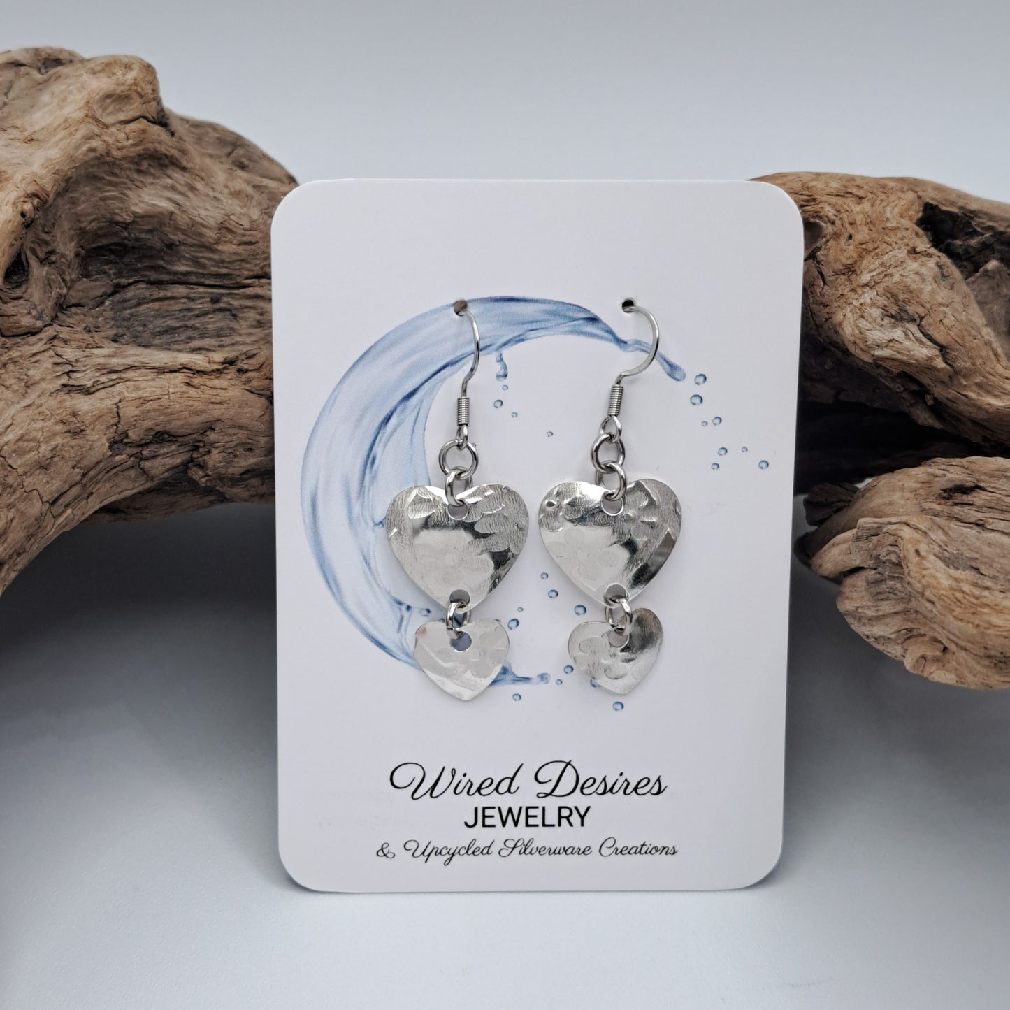 Handmade vintage silverware earrings made from silver-plated flattened spoon bowls