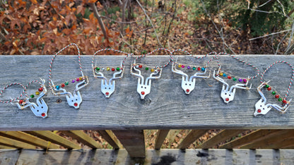 Handmade vintage silverware Christmas Ornament made from a fork shaped as a reindeer with christmas bells in antlers