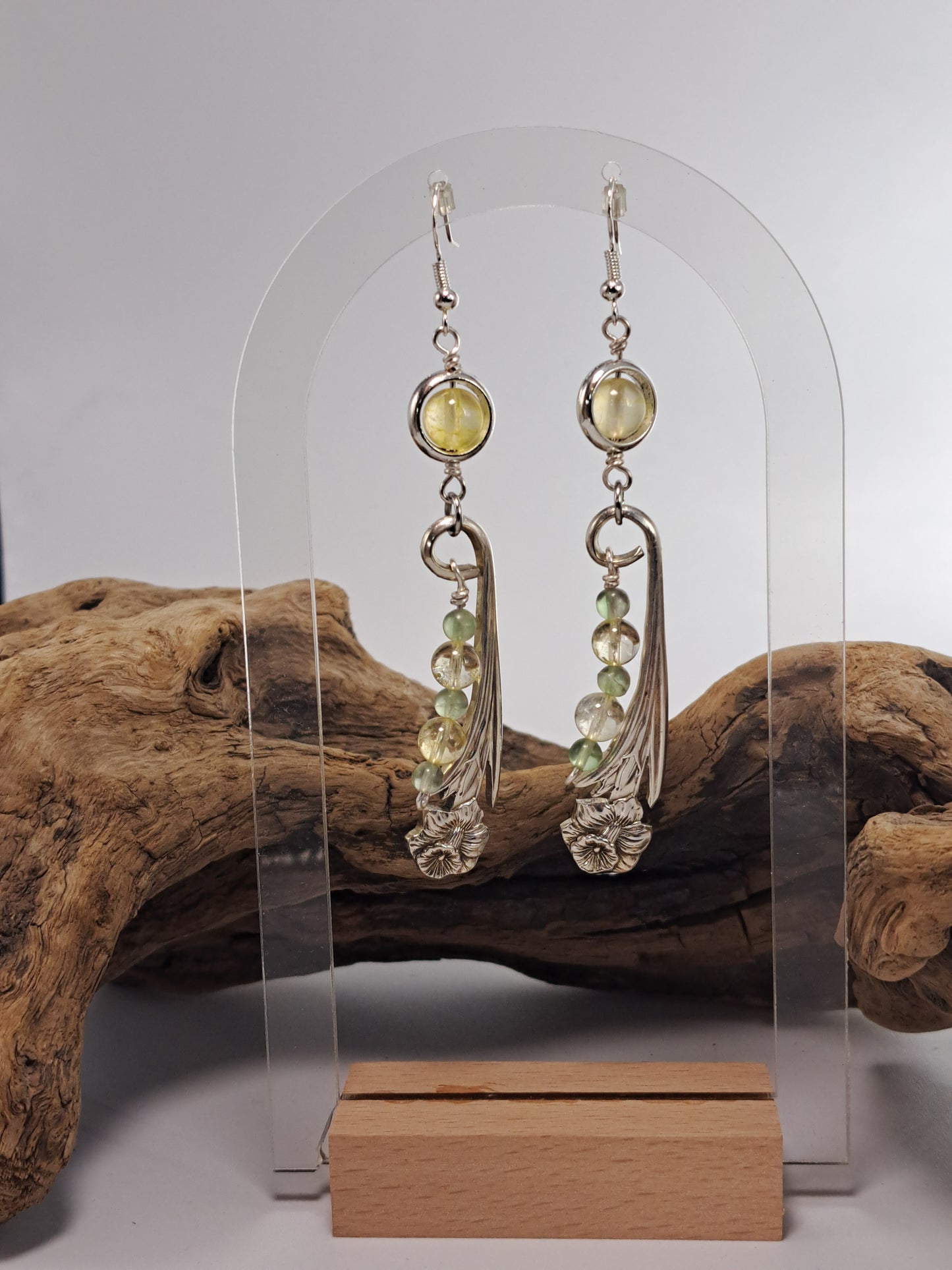 Handmade vintage silverware Daffodil earrings with citrine and fluorite gemstone beads. 