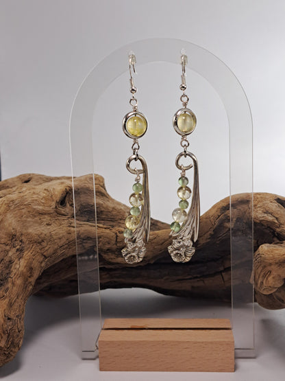 Handmade vintage silverware Daffodil earrings with citrine and fluorite gemstone beads. 