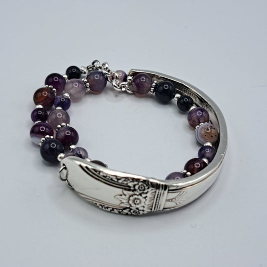 Handmade vintage silverware bracelet made from First Love 1937 silverplated handles with purple marble agate gemstone beads