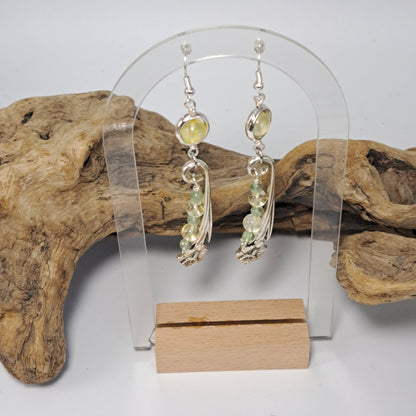 Handmade vintage silverware Daffodil earrings with citrine and fluorite gemstone beads. 