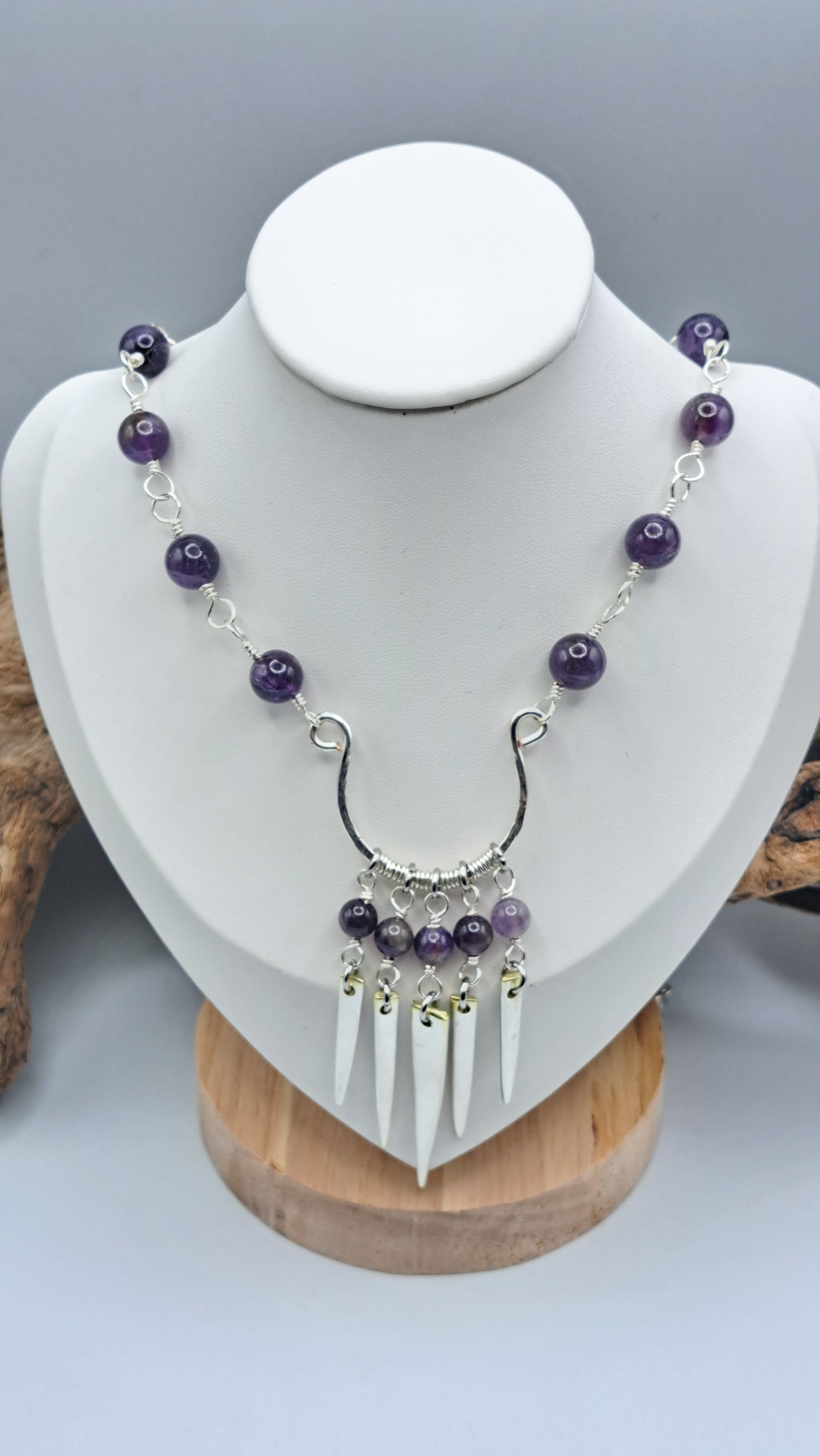 Handmade amethyst bead necklace with fork tine focal pendant