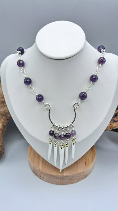 Handmade amethyst bead necklace with fork tine focal pendant