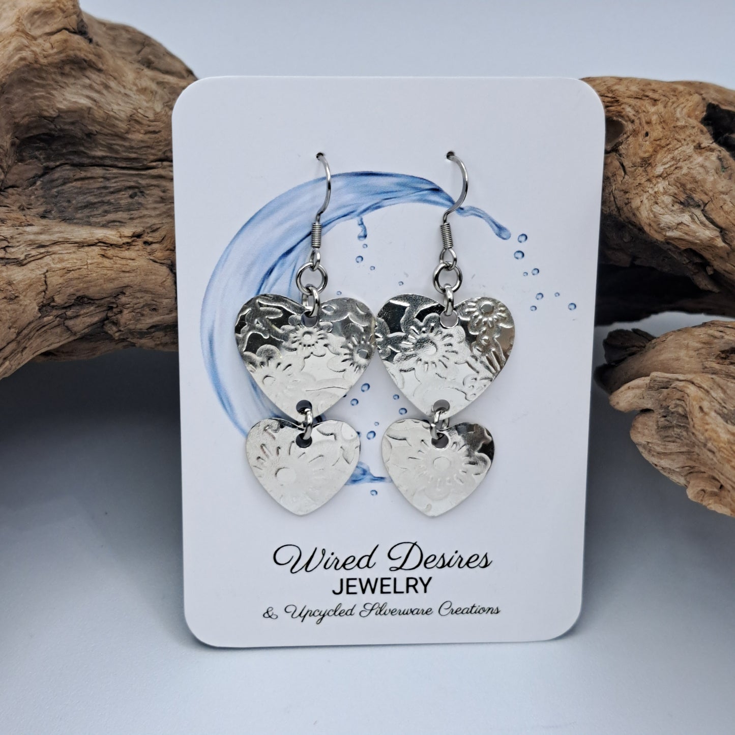 Handmade vintage silverware earrings made from silver-plated flattened spoon bowls