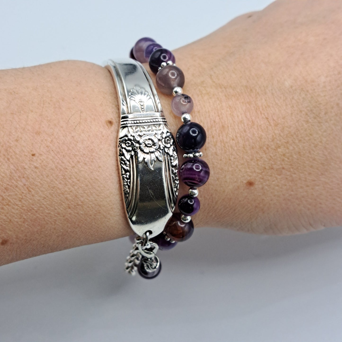 Handmade vintage silverware bracelet made from First Love 1937 silverplated handles with purple marble agate gemstone beads