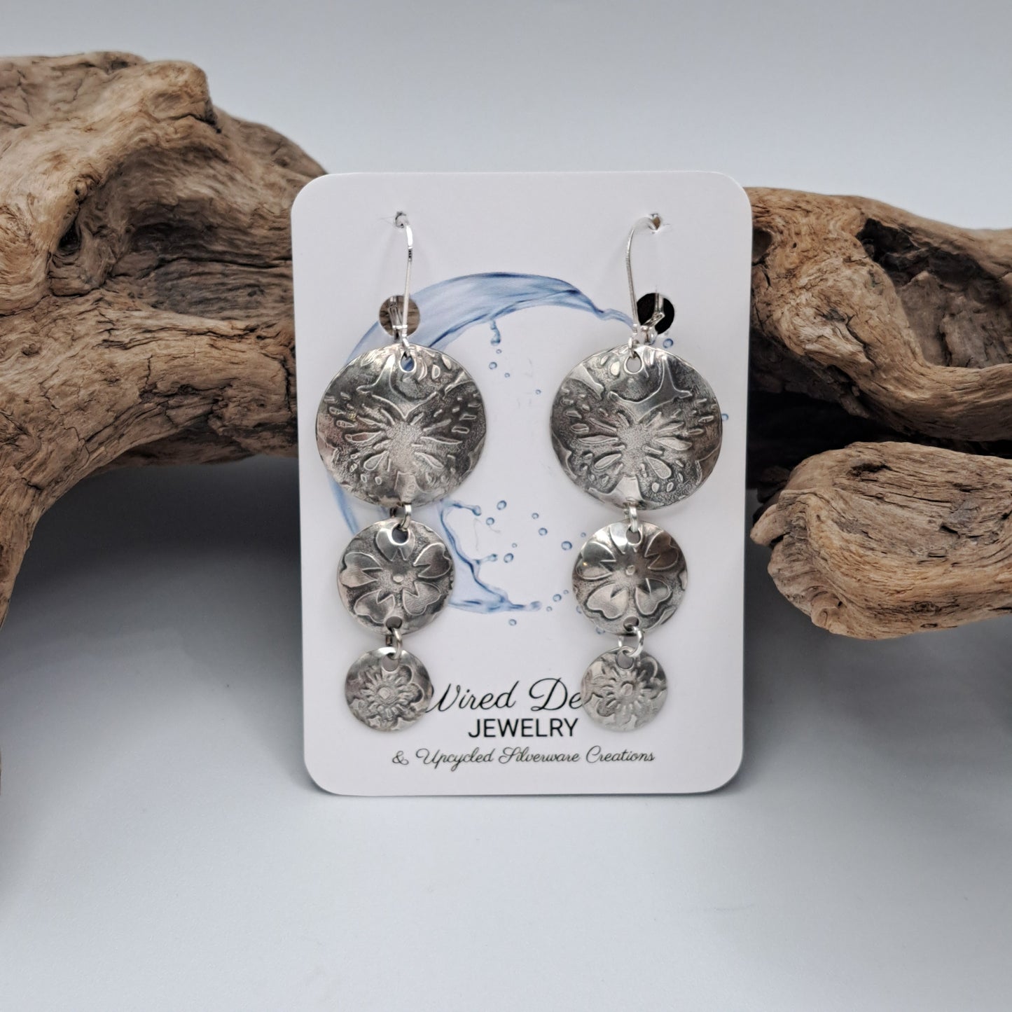 Handmade vintage silverware earrings made from silver-plated flattened spoon bowls