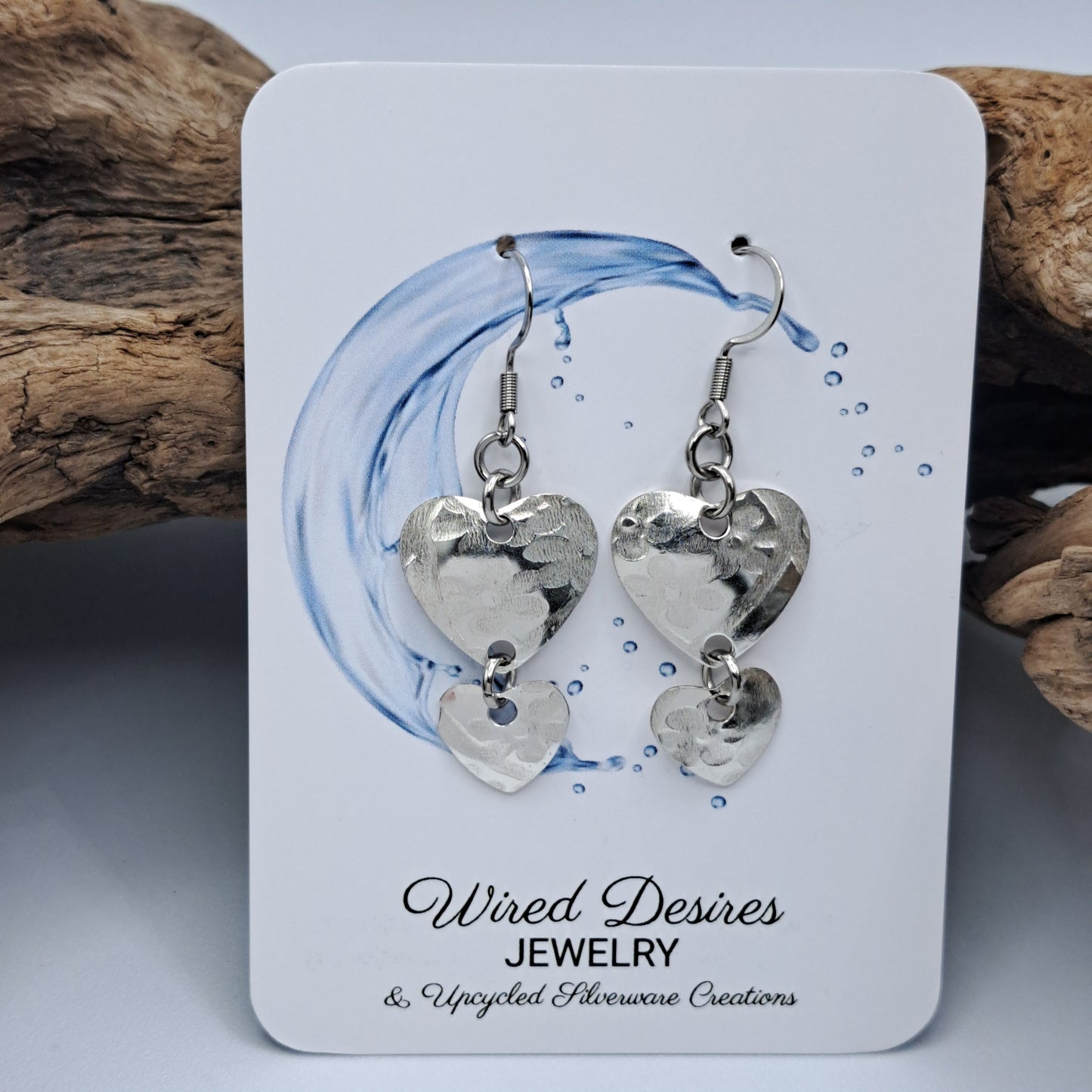 Handmade vintage silverware earrings made from silver-plated flattened spoon bowls